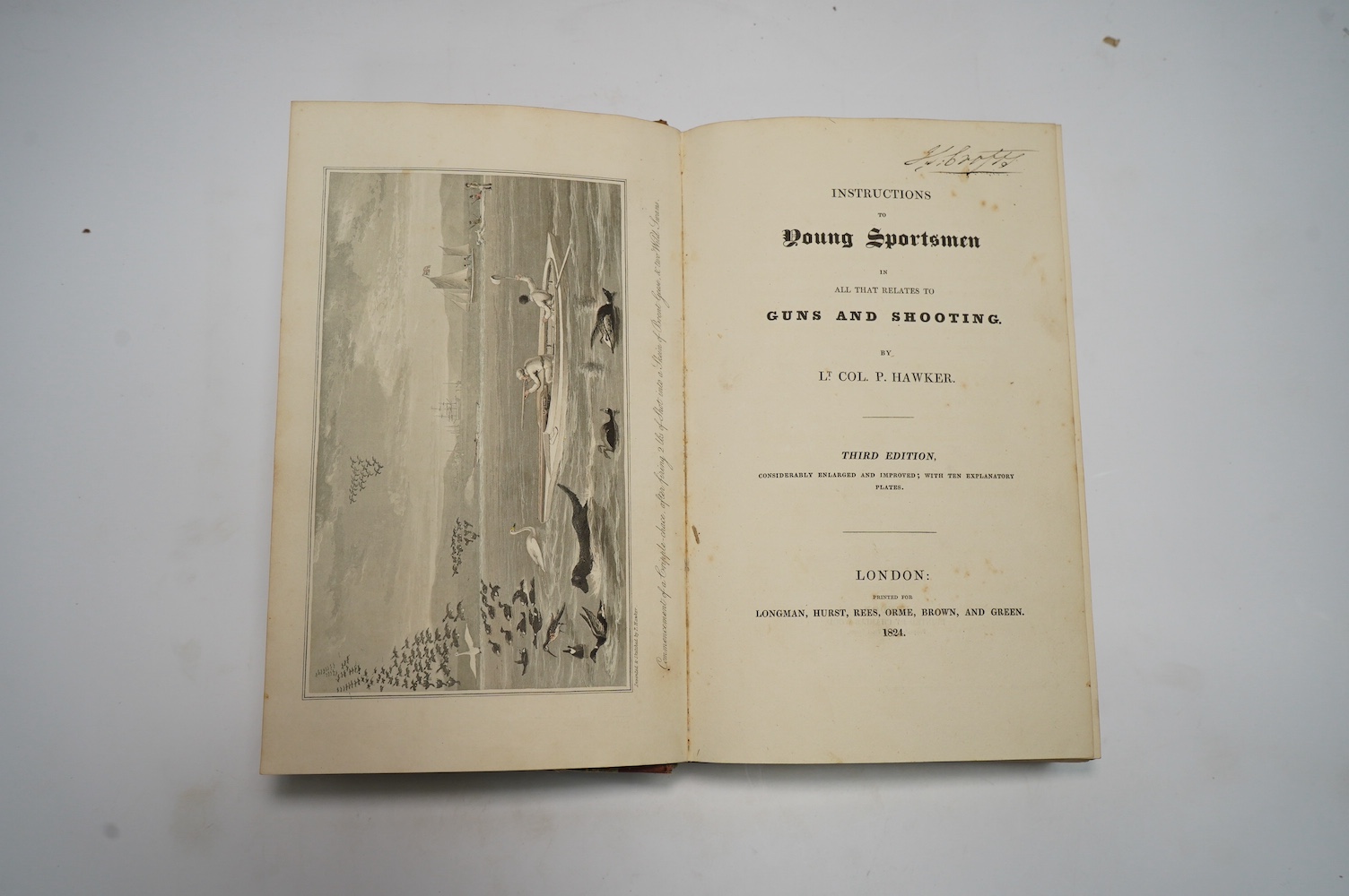 Hawker, Lt. Col. P - Instructions to Young Sportsmen in All That Relates to Guns and Shooting, 3rd edition, with half title, 10 plates, (4 hand-coloured), 8vo, half calf, bookplate of Henry Croft, published by Longman, H